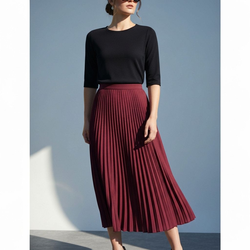 Burgundy Pleated Midi Skirt